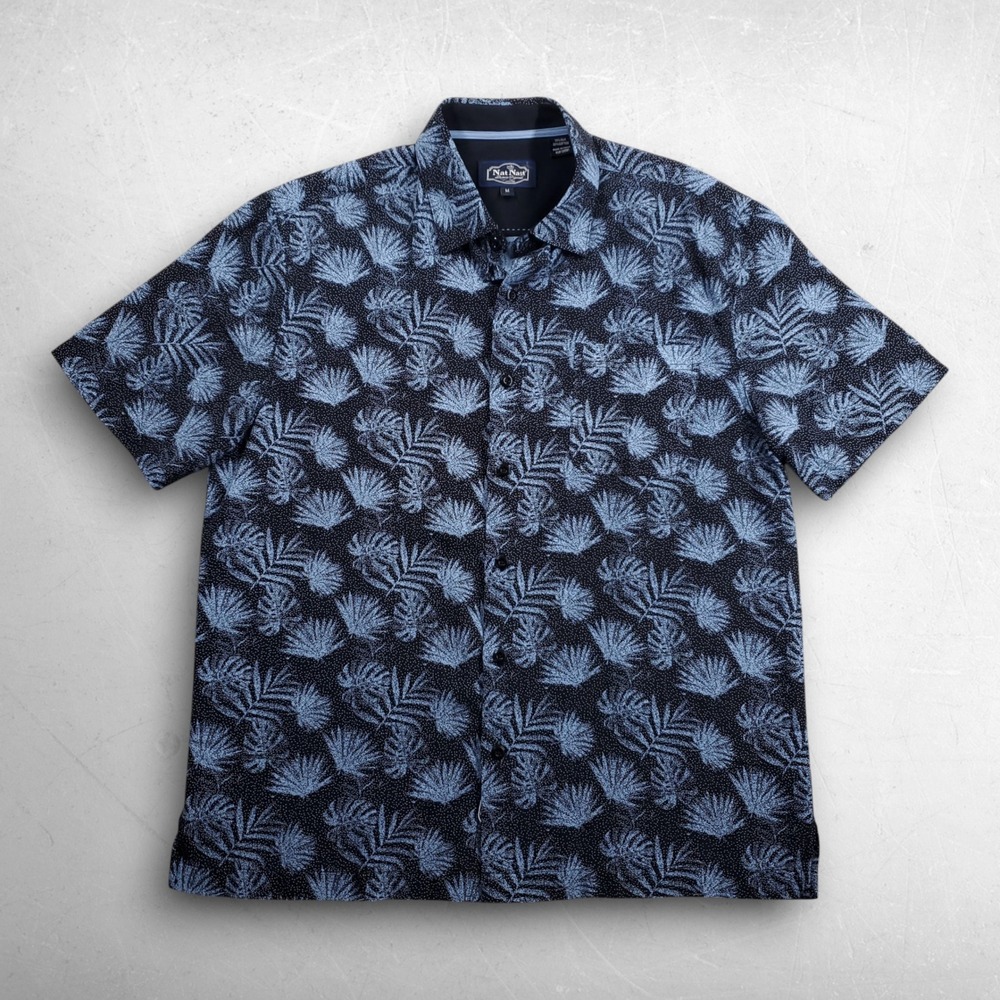Nat Nast Silk Blend Button Up Shirt Men M Blue Tropical Leaf Print Resortwear
